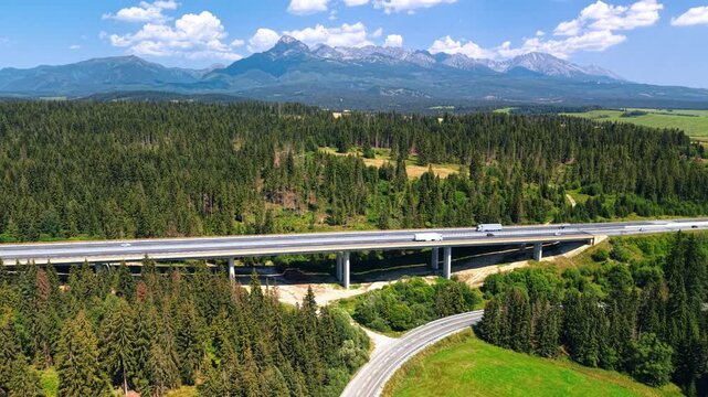 Motorway bridge across forest beneath a mountain range. Vehicles cross a raised concrete roadway above green fields with the High Tatras in the background.
