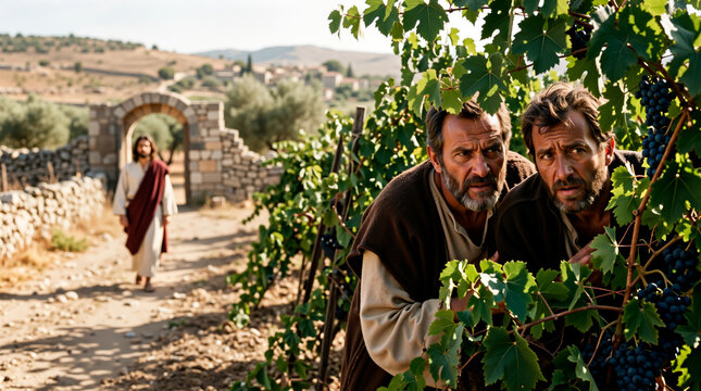 The wicked tenants in the vineyard. Biblical scene of two men hiding and whispering as the landowner's son approaches. Historical religious narrative