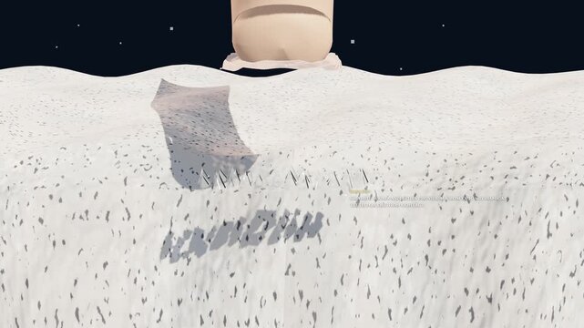 3D animation illustrating the physics of climbing chalk, showing a finger interacting with a chalked surface to explain dynamic and static friction, highlighting micro-particle interlocking and grip