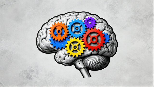 Colorful gears spin within a detailed brain, symbolizing complex thought processes.
