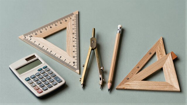 Wooden ruler, compass, pencil and calculator on green surface.