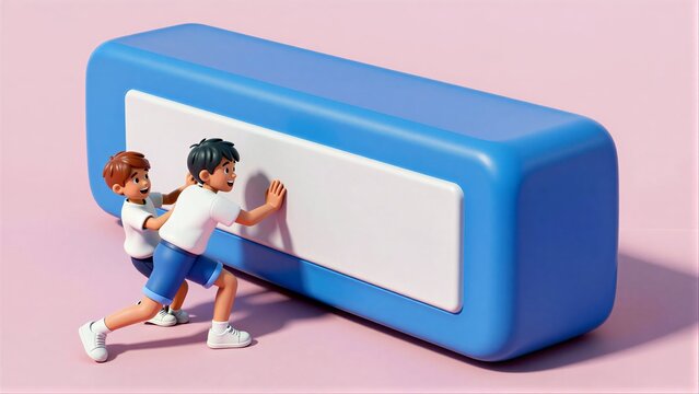 Two cartoon boys push a giant blue and white tube together with effort.