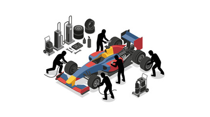 Naklejka premium Isometric vector illustration of a formula racing car during a pit stop with mechanics changing tires and refueling, featuring professional pit crew silhouettes and equipment.
