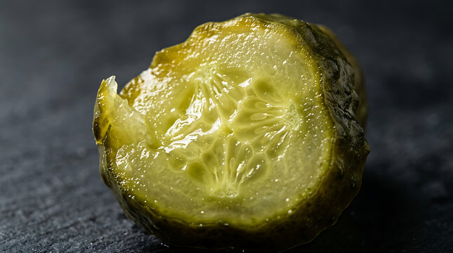 Close-up of a Brined Cucumber Slice with Seeds and Texture