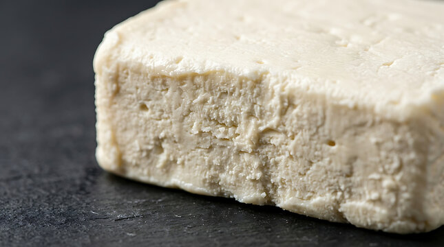 Close-up of a block of firm tofu on a dark slate surface, healthy vegetarian protein