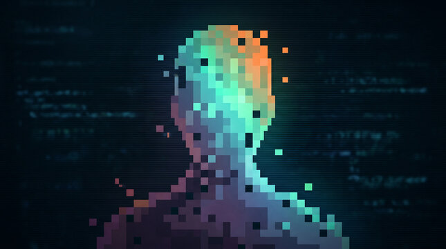 Abstract pixelated human silhouette of a head and shoulders with glowing digital artifacts, glitch effect, and blurred computer code on a dark background for AI technology concepts.