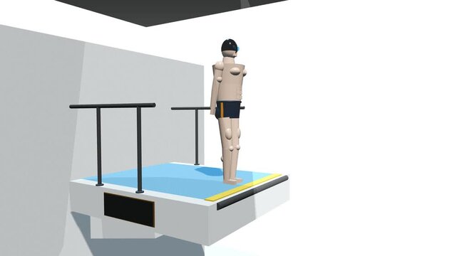 3D animation of a stylized humanoid figure performing a complex ten meter platform dive with flips and tucks demonstrating angular momentum and physics principles before entering a swimming pool