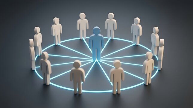 Abstract 3D human figures standing in a circle connected by glowing blue light lines to a central leader figure, representing team networking, social connection, and corporate leadership concepts.