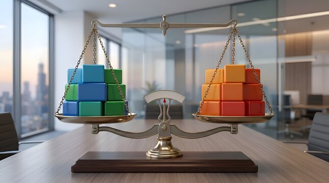A balance scale with colorful cubic blocks on a wooden table in a modern office, representing the concept of balancing cost and benefit, financial analysis, and strategic business decision making.