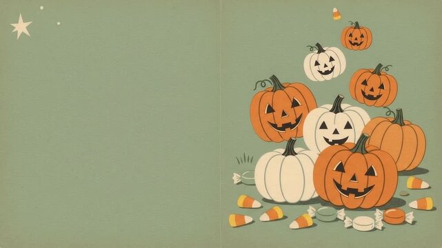 Retro halloween pumpkins bobbing on sage green copy space background