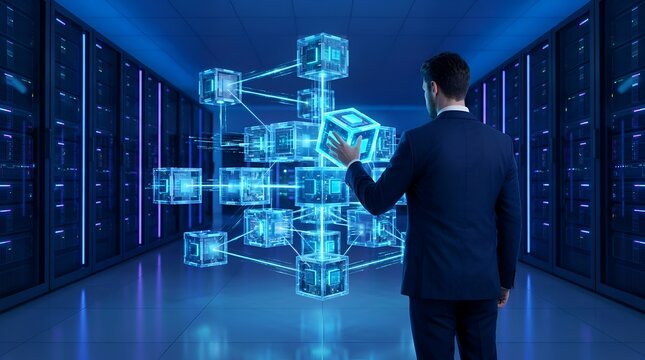 Rear view of a professional businessman in a suit assembling a complex digital holographic structure of glowing data cubes inside a futuristic server room representing blockchain and big data