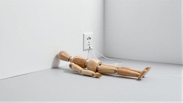 Wooden mannequin lies on floor, plugged into wall socket as if charging.