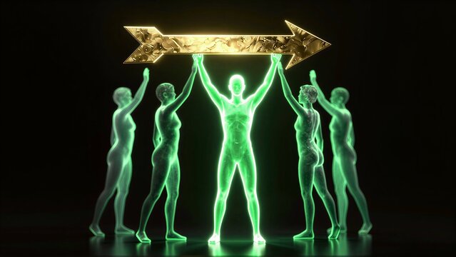 Golden arrow held aloft by glowing figures, symbolizing direction and collective purpose.