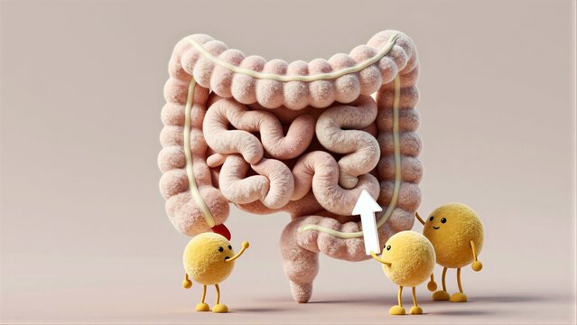 Friendly yellow microbes cheerfully greet a cartoonish, plush intestine with an upward arrow.