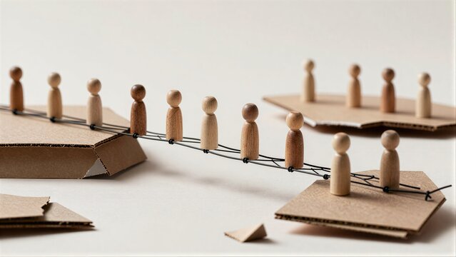 Wooden figures cross a bridge, symbolizing teamwork and connection across challenges.