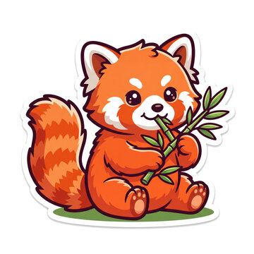 Cute Kawaii Red Panda Eating Bamboo Branch Sticker Vector Illustration
