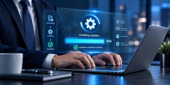 Professional Businessman Using Laptop with Futuristic Holographic Interface for System Software Update Installation, Technology Progress Bar Showing 100 Percent Completion in Modern Office