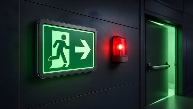 Illuminated Emergency Exit Sign with Red Alarm Beacon on Dark Wall