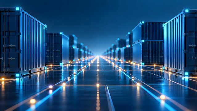 Futuristic shipping containers on glowing digital grid representing smart logistics and global supply chain automation