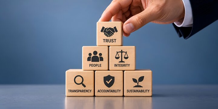 Businessman hand placing wooden block on top of a pyramid representing business ethics, trust, integrity, transparency, accountability, and sustainability for corporate social responsibility.