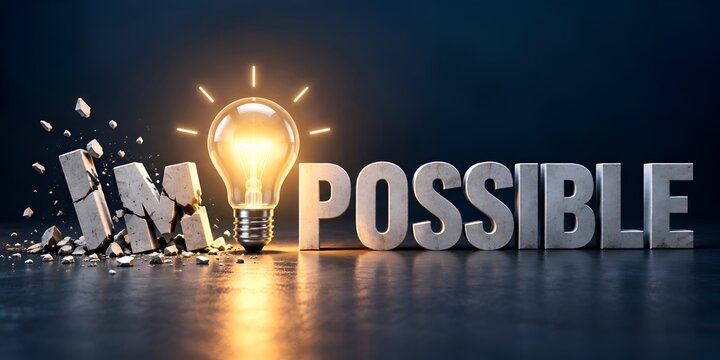 A glowing light bulb shattering the letters IM of the word impossible to transform it into possible, representing creative thinking, innovation, and overcoming obstacles in business and life.