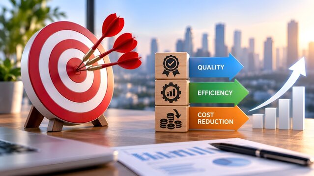 Business strategy and optimization concept featuring a bullseye target with red darts, wooden blocks, and colorful arrows for quality, efficiency, and cost reduction with a rising growth chart.