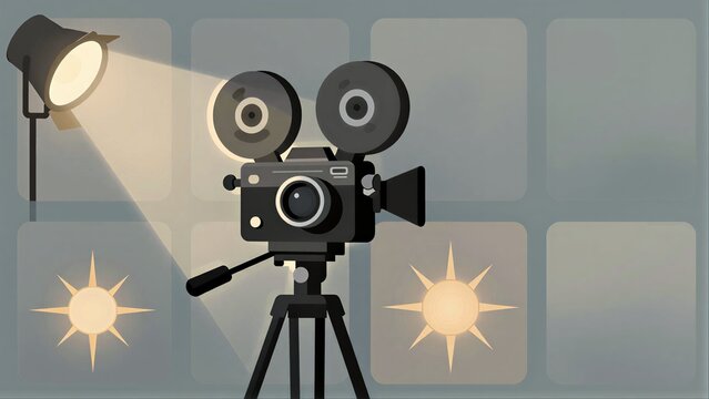 Vintage film camera on tripod, surrounded by lights and sun symbols.