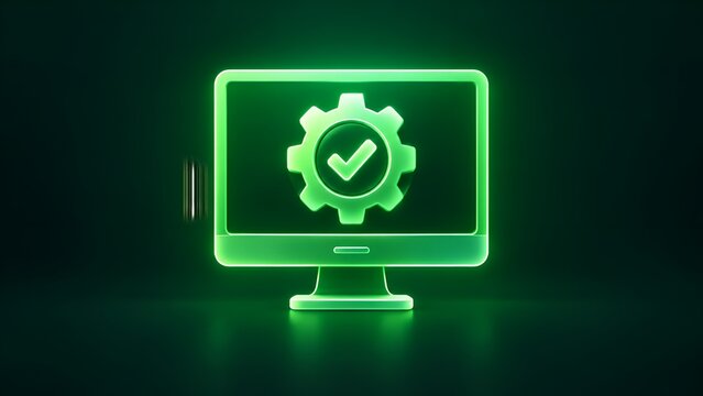 Glowing green neon computer monitor icon featuring a gear and checkmark symbol on a dark background, representing successful software update, system optimization, and technical maintenance.