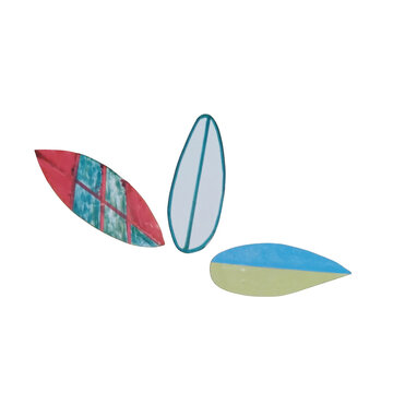 Three surfboard shaped paper cutouts with colorful patterns including red, blue, and white on a plain , flat lay composition isolated on a transparent background