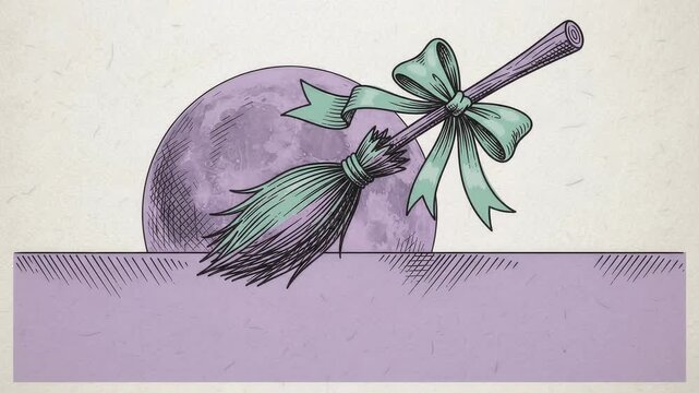 Vintage witch broomstick and moon animation with lavender copy space
