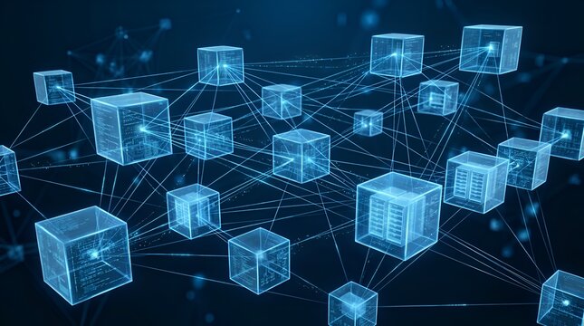 Futuristic blue digital data cubes connected by a glowing network of lines representing blockchain technology, decentralized storage, cloud computing, and high-speed global information transfer.