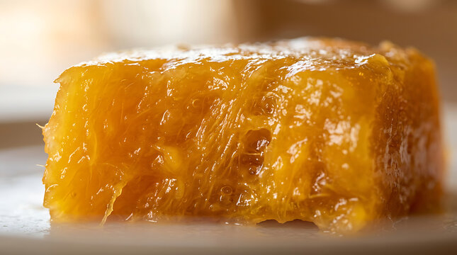 Close-up of a juicy, textured orange jelly dessert, sweet treat, close-up food photography