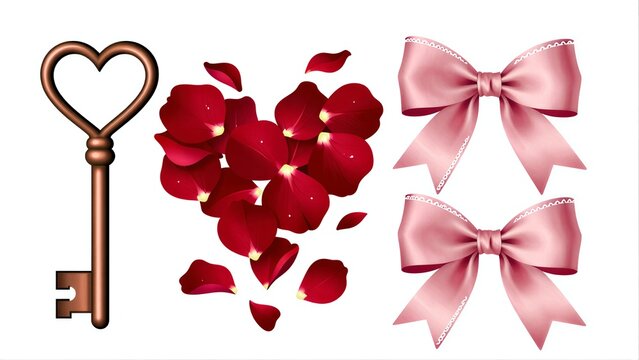Heart-shaped key, rose petals, and pink bows symbolize love and romance.