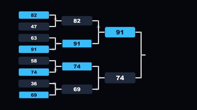 Eight team tournament bracket with blue winner path on dark screen