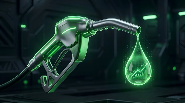 Futuristic metallic fuel pump nozzle dripping a glowing green liquid drop containing financial growth charts and binary code, symbolizing data as the new oil and fuel for the digital economy.