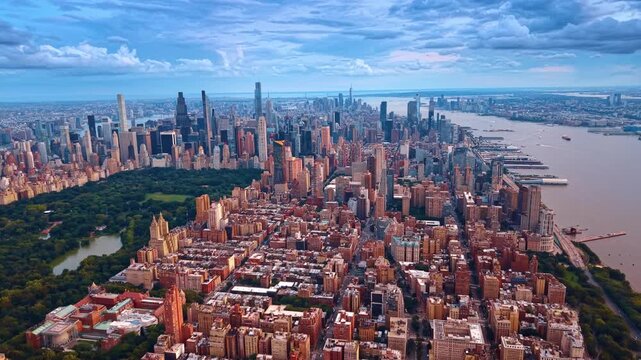 Footage over Upper West Side along Central Park and the East River. Flight towards the skyline of Manhattan under overcast sky.