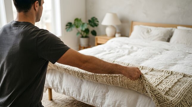 Man smoothing a textured beige knitted throw blanket over crisp white cotton sheets on a neatly made bed inside a sunlit minimalist bedroom.
