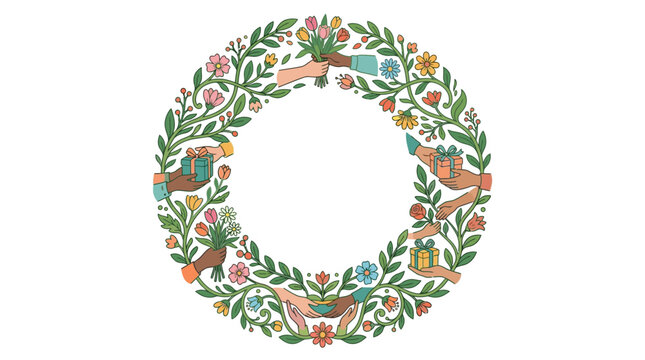 Diverse Hands Exchanging Gifts and Flowers in Floral Wreath