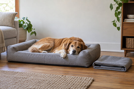 Golden retriever lying on a grey dog bed beside its folded washable cover