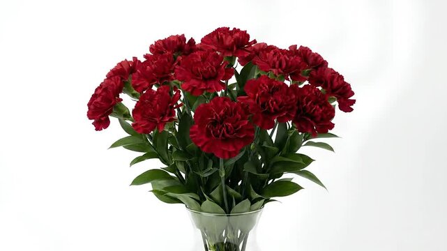Beautiful bouquet of fresh red carnation flowers in a glass vase isolated on a white background