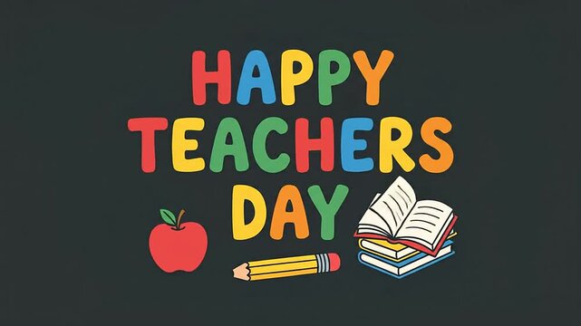 Happy Teachers Day animated typography text with red apple yellow pencil and stacked books on chalkboard background