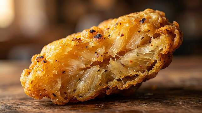 Crispy golden fried chicken nugget with flaky texture, extreme close-up