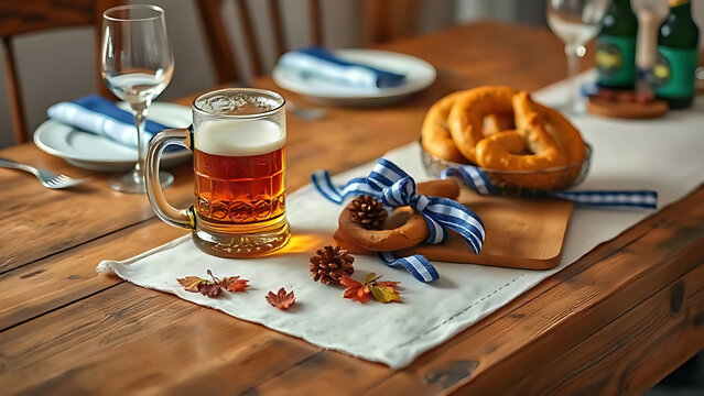 Festive table setting with beer stein and pretzels, autumn celebration concept