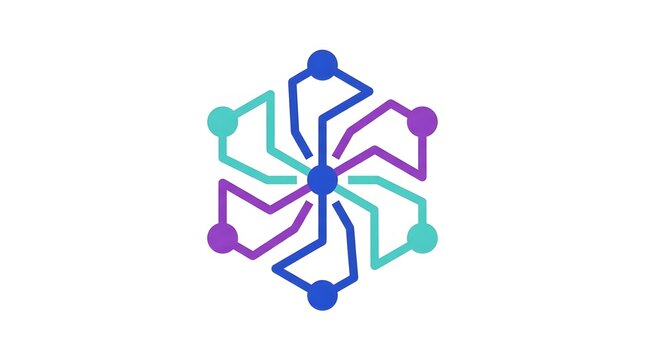Hexagonal technology network connection icon with blue and purple gradient geometric lines on white background