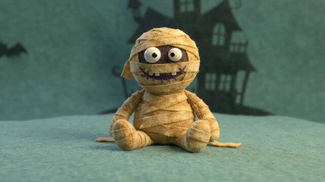 Felt mummy monster stretching and squishing on a teal halloween background with copy space