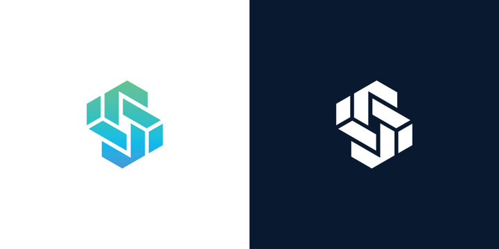 Abstract geometric letter S logo icon vector design template with isometric cube shapes in gradient colors and solid white on dark background