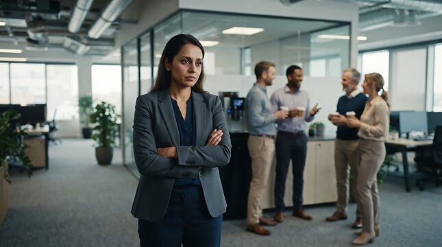 Professional woman feeling excluded while colleagues socialize in a modern office environment
