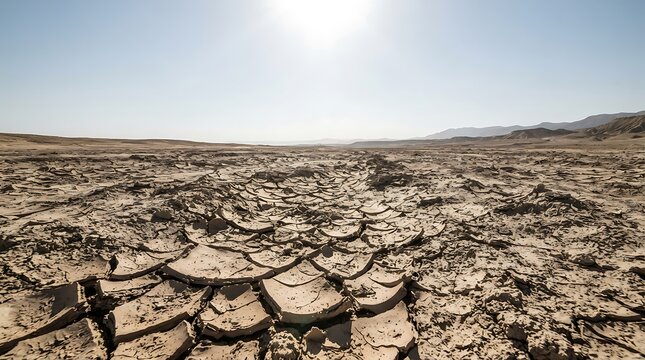 Parched earth with deep cracks under a bright sun in a vast arid desert landscape environment