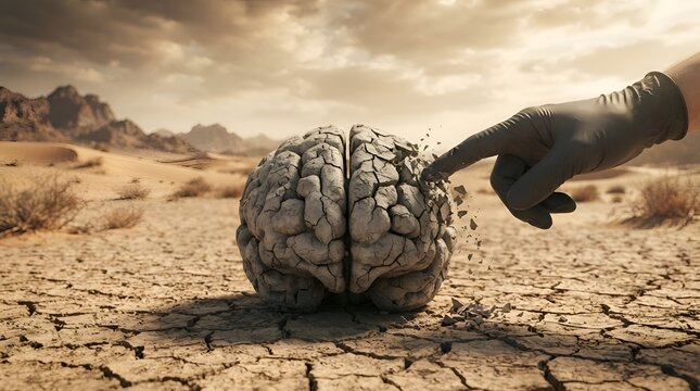 A gloved hand touching a cracked and brittle human brain model in a parched desert landscape, symbolizing mental burnout, cognitive decline, dementia, and extreme psychological stress.