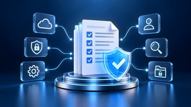 Digital security and compliance concept with checklist shield and interconnected icons for cloud user search and folder on a dark blue background.